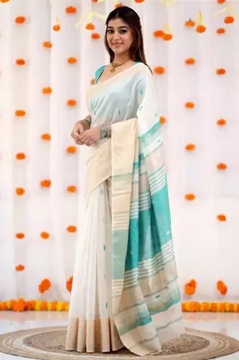 White sky linen jacuard work festival saree with unstitched blouse piece