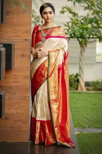 Off white red silk blend jacuard work festival saree with unstitched blouse piece