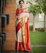 Off white red silk blend jacuard work festival saree with unstitched blouse piece