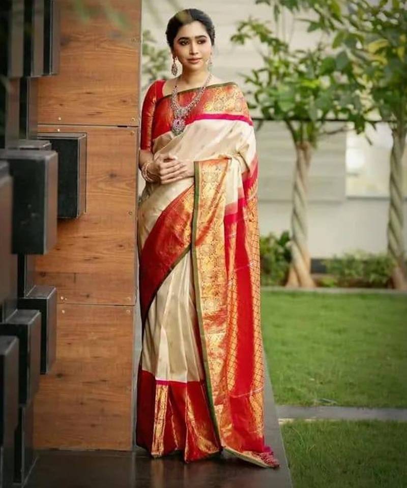 Off white red silk blend jacuard work festival saree with unstitched blouse piece