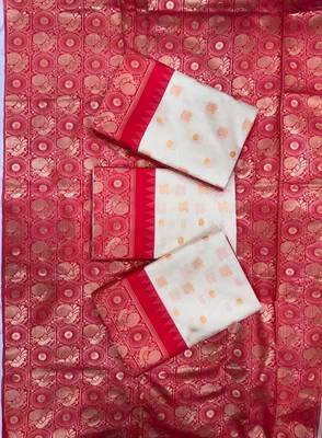 Off white red silk blend jacuard work festival saree with unstitched blouse piece 5