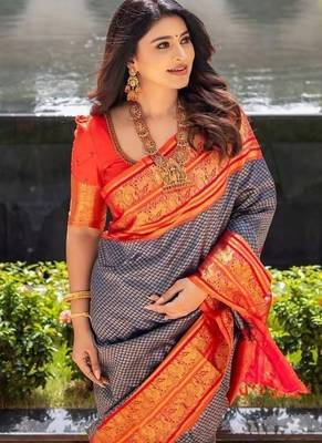Blue red silk blend jacuard work festival saree with unstitched blouse piece 1