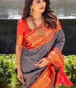 Blue red silk blend jacuard work festival saree with unstitched blouse piece