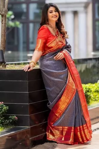 Blue red silk blend jacuard work festival saree with unstitched blouse piece