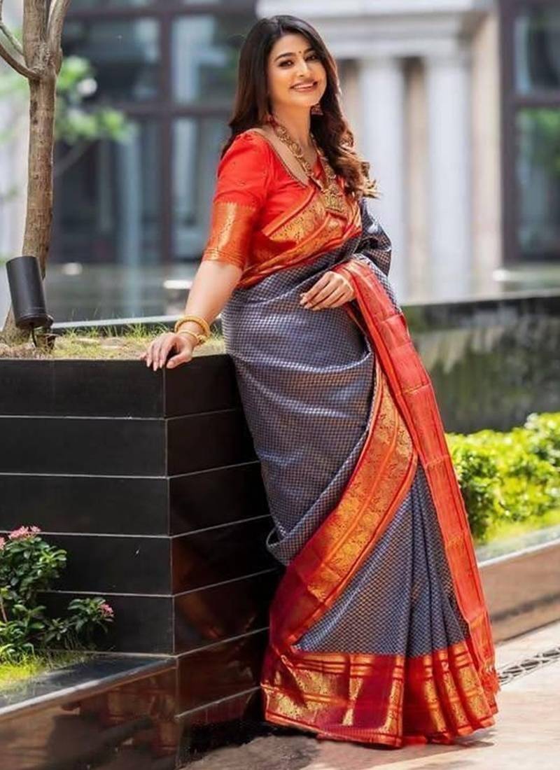 Blue red silk blend jacuard work festival saree with unstitched blouse piece
