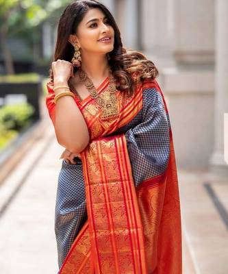 Blue red silk blend jacuard work festival saree with unstitched blouse piece 3