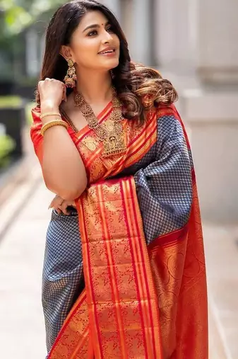 Blue red silk blend jacuard work festival saree with unstitched blouse piece