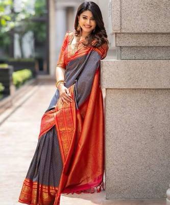 Blue red silk blend jacuard work festival saree with unstitched blouse piece 4