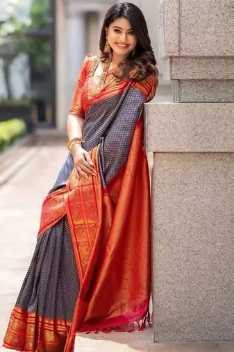 Blue red silk blend jacuard work festival saree with unstitched blouse piece