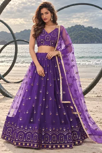 PURRPLE NET THREAD WITH ZARI AND SEQUIN WORK FESTIVE LEHENGA CHOLI