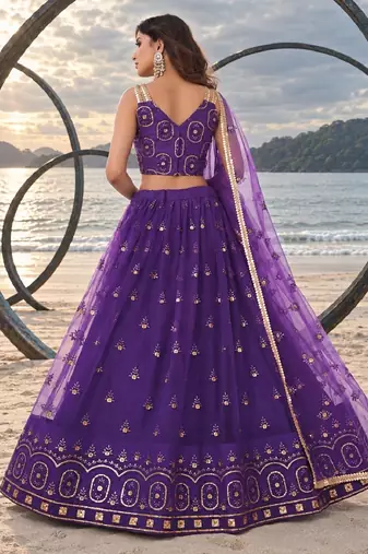 PURRPLE NET THREAD WITH ZARI AND SEQUIN WORK FESTIVE LEHENGA CHOLI