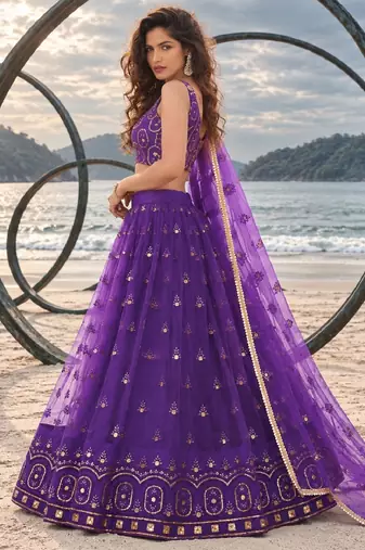 PURRPLE NET THREAD WITH ZARI AND SEQUIN WORK FESTIVE LEHENGA CHOLI