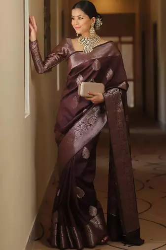 Blue  silk blend jacuard work festival saree with unstitched blouse piece