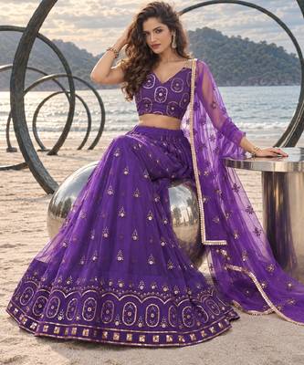 PURRPLE NET THREAD WITH ZARI AND SEQUIN WORK FESTIVE LEHENGA CHOLI 4