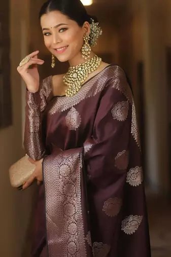 Blue  silk blend jacuard work festival saree with unstitched blouse piece