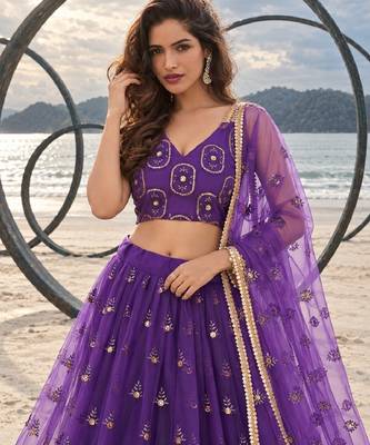 PURRPLE NET THREAD WITH ZARI AND SEQUIN WORK FESTIVE LEHENGA CHOLI 5