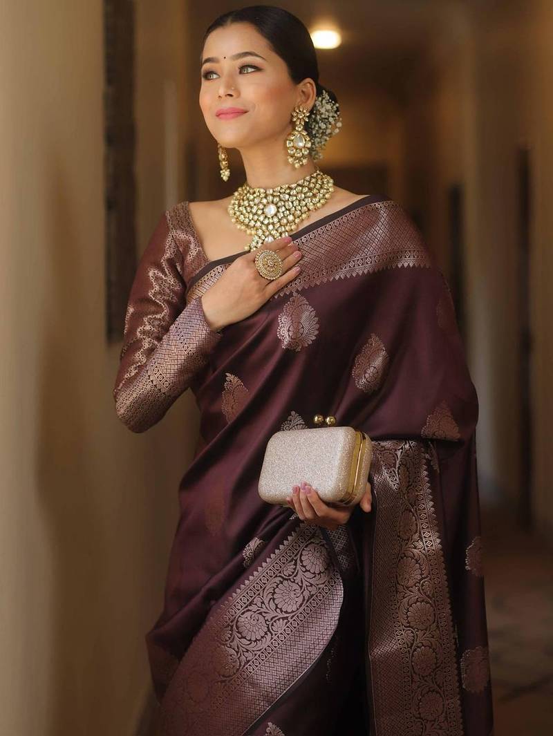 Blue  silk blend jacuard work festival saree with unstitched blouse piece