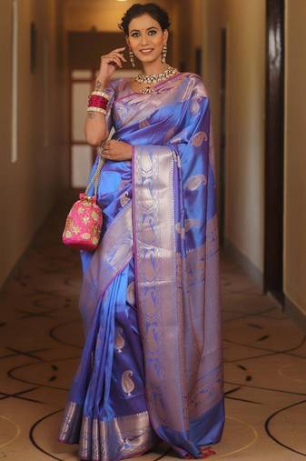 Light purple  silk blend jacuard work festival saree with unstitched blouse piece