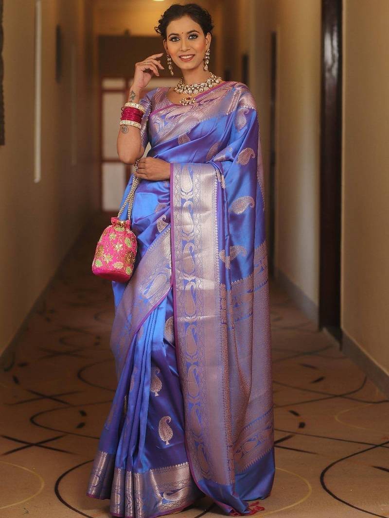Light purple  silk blend jacuard work festival saree with unstitched blouse piece