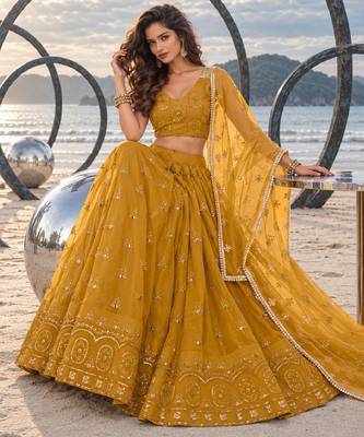 MUSTARD YELLOW NET THREAD WITH ZARI AND SEQUIN WORK FESTIVE LEHENGA CHOLI 4