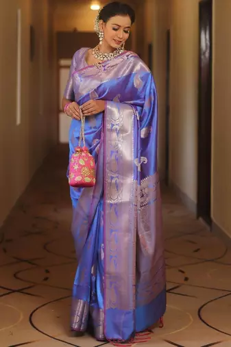 Light purple  silk blend jacuard work festival saree with unstitched blouse piece