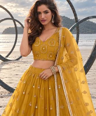 MUSTARD YELLOW NET THREAD WITH ZARI AND SEQUIN WORK FESTIVE LEHENGA CHOLI 5