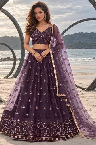 DUSTY WINE NET THREAD WITH ZARI AND SEQUIN WORK FESTIVE LEHENGA CHOLI