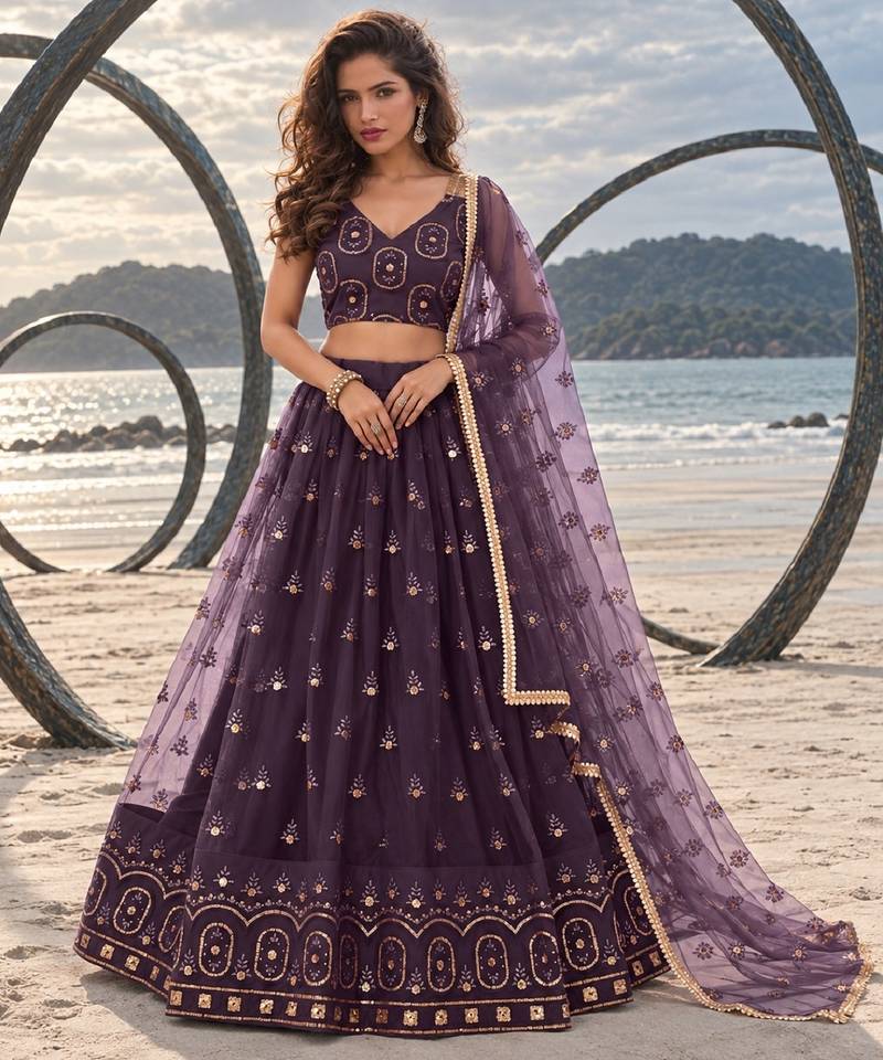 DUSTY WINE NET THREAD WITH ZARI AND SEQUIN WORK FESTIVE LEHENGA CHOLI