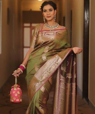 Mehendi  silk blend jacuard work festival saree with unstitched blouse piece 1