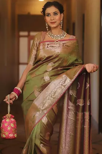 Mehendi  silk blend jacuard work festival saree with unstitched blouse piece