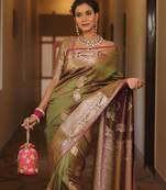 Mehendi  silk blend jacuard work festival saree with unstitched blouse piece