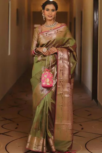 Mehendi  silk blend jacuard work festival saree with unstitched blouse piece