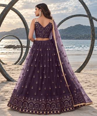 DUSTY WINE NET THREAD WITH ZARI AND SEQUIN WORK FESTIVE LEHENGA CHOLI 2