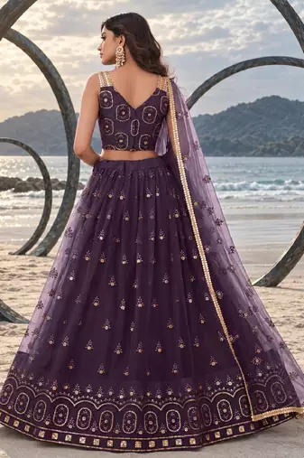 DUSTY WINE NET THREAD WITH ZARI AND SEQUIN WORK FESTIVE LEHENGA CHOLI