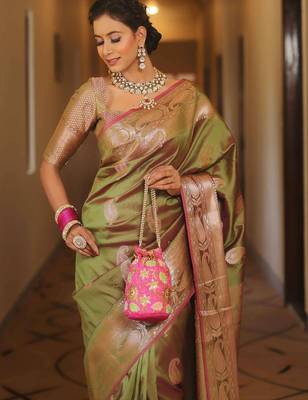 Mehendi  silk blend jacuard work festival saree with unstitched blouse piece 4