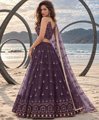 DUSTY WINE NET THREAD WITH ZARI AND SEQUIN WORK FESTIVE LEHENGA CHOLI 3