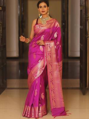 Pink  silk blend jacuard work festival saree with unstitched blouse piece 1