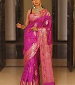 Pink  silk blend jacuard work festival saree with unstitched blouse piece