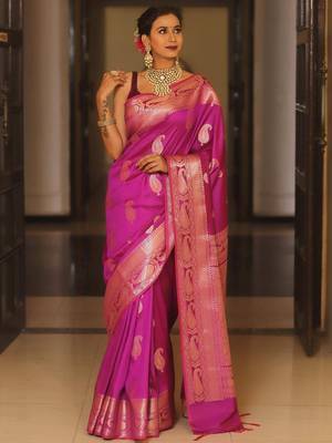 Pink  silk blend jacuard work festival saree with unstitched blouse piece 2