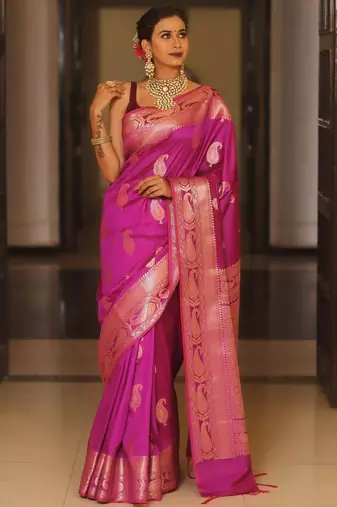 Pink  silk blend jacuard work festival saree with unstitched blouse piece