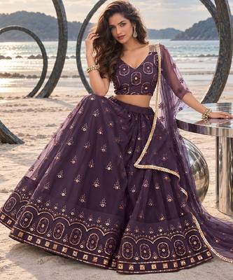 DUSTY WINE NET THREAD WITH ZARI AND SEQUIN WORK FESTIVE LEHENGA CHOLI 4