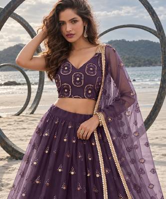 DUSTY WINE NET THREAD WITH ZARI AND SEQUIN WORK FESTIVE LEHENGA CHOLI 5