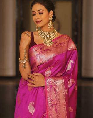 Pink  silk blend jacuard work festival saree with unstitched blouse piece 4