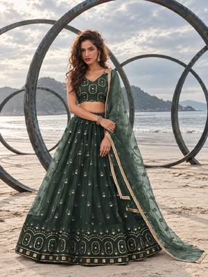 DARK GREEN NET THREAD WITH ZARI AND SEQUIN WORK FESTIVE LEHENGA CHOLI 1