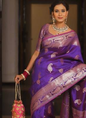 Purple  silk blend jacuard work festival saree with unstitched blouse piece 1