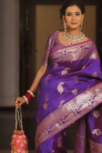 Purple  silk blend jacuard work festival saree with unstitched blouse piece