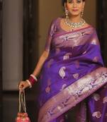 Purple  silk blend jacuard work festival saree with unstitched blouse piece