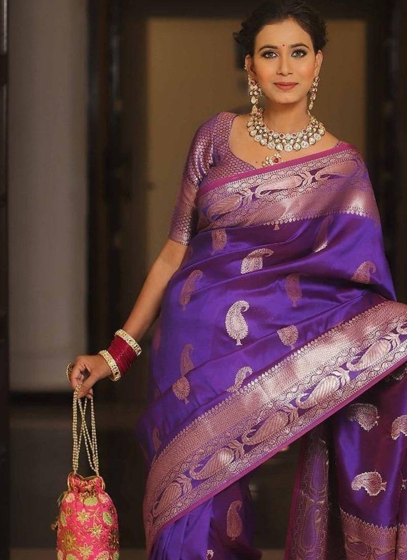 Purple  silk blend jacuard work festival saree with unstitched blouse piece