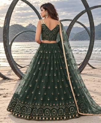 DARK GREEN NET THREAD WITH ZARI AND SEQUIN WORK FESTIVE LEHENGA CHOLI 2