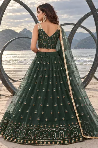 DARK GREEN NET THREAD WITH ZARI AND SEQUIN WORK FESTIVE LEHENGA CHOLI